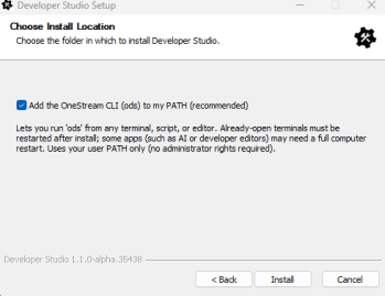 The Add the  CLI (ods) to my PATH checkbox is selected
